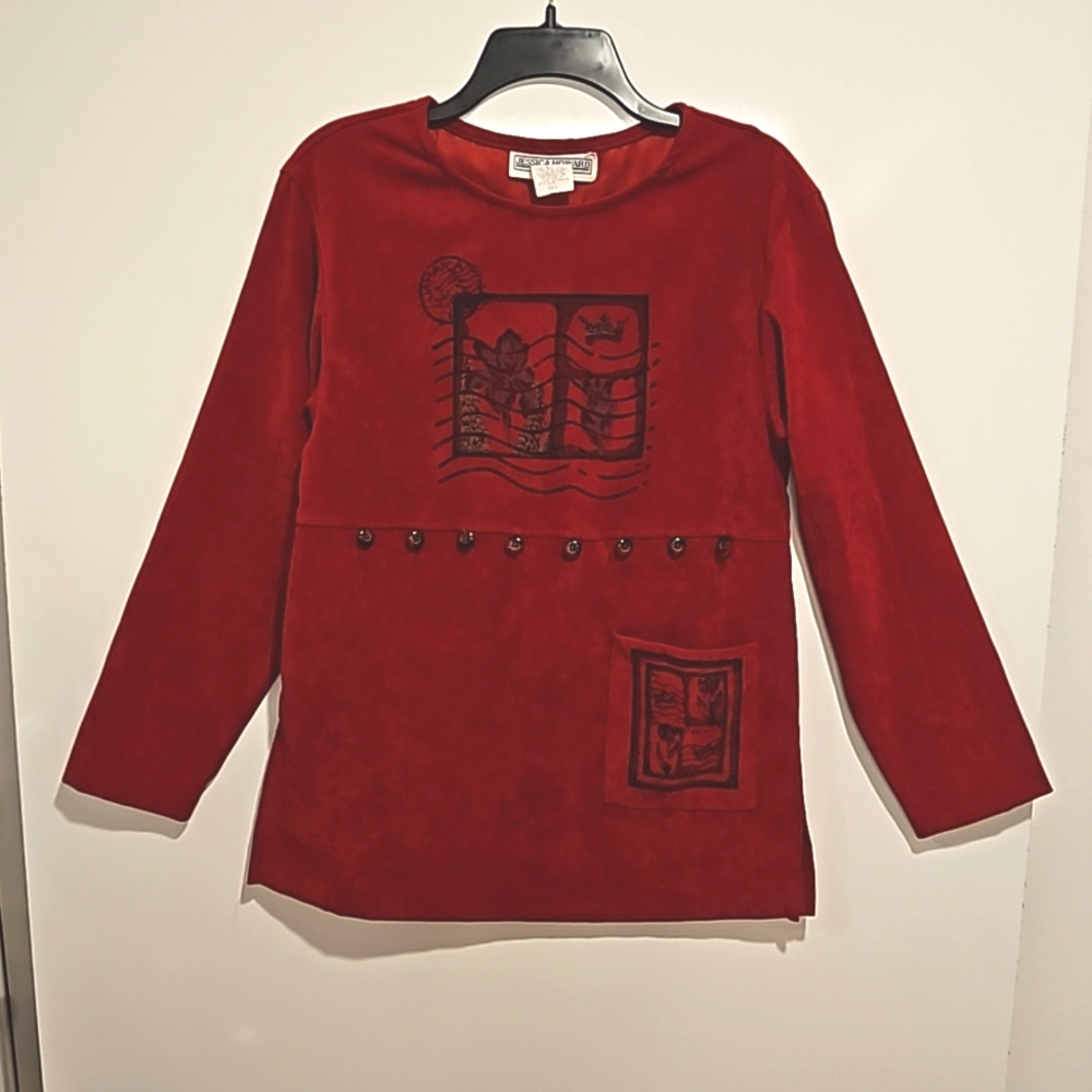 JESSICA HOWARD vintage red tunic top Jamaica postmark graphics button detail
